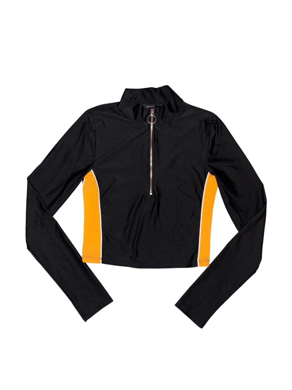 Forever 21 Black Long-Sleeve Crop Top with Yellow Side Panels and Ring Zip